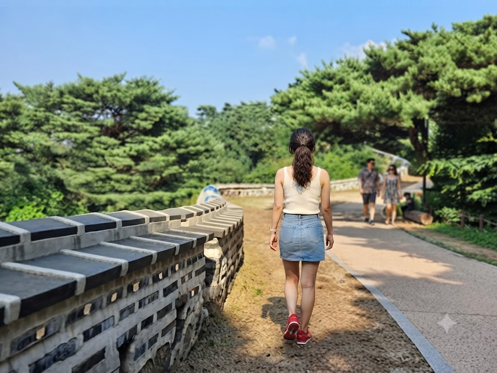 남한산성 둘레길을 따라 걷는 여성