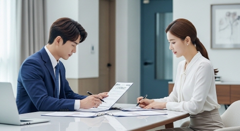 한국인 두 사람이 탁자에서 부동산 계약서를 검토하는 장면