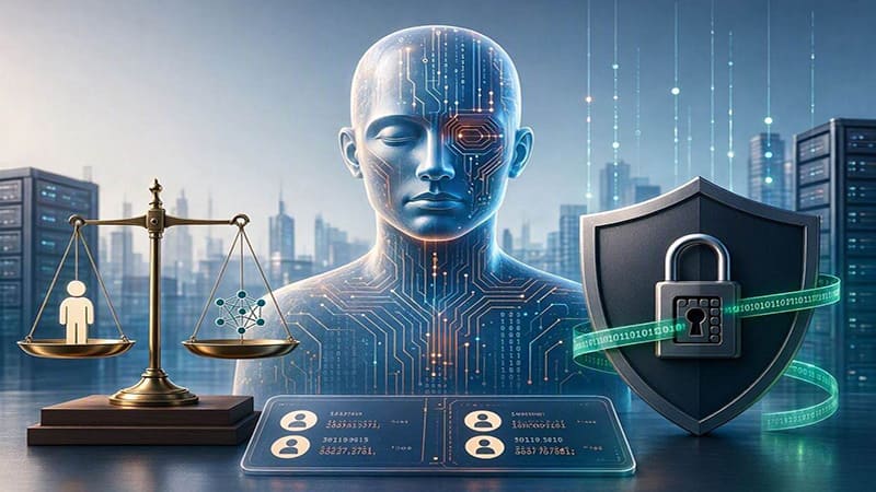 <img src="ethical-dilemma-ai.jpg" alt="AI 윤리와 데이터 보안을 상징하는 시각 자료">
