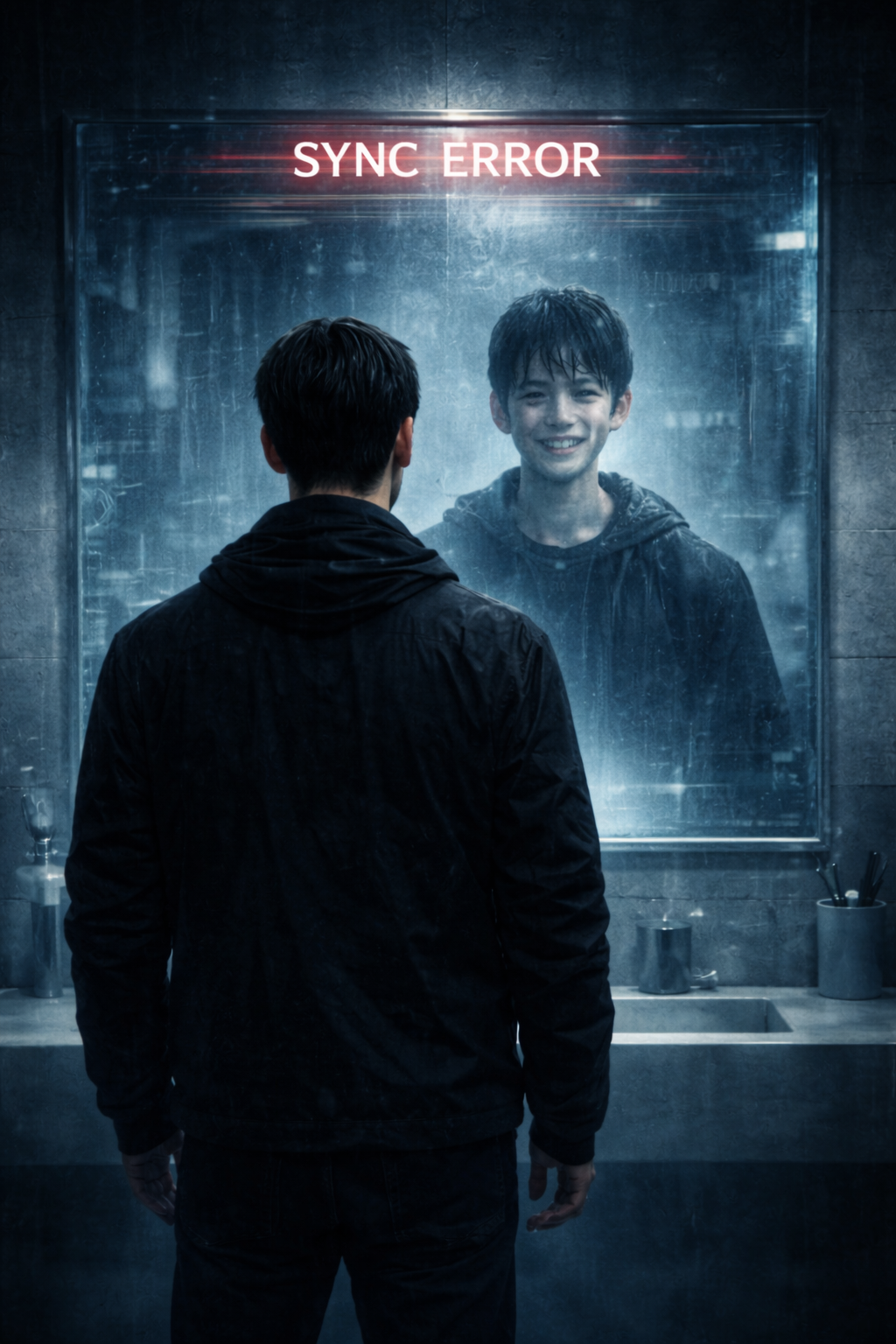 감정이 사라진 세계 7화 대표 이미지 — 거울 속 나만 웃고 있는 장면, 감정 통제 사회에서 ‘나 아닌 나’가 시작되는 순간 (디스토피아 SF, 감정 붕괴, 정체성 혼란)