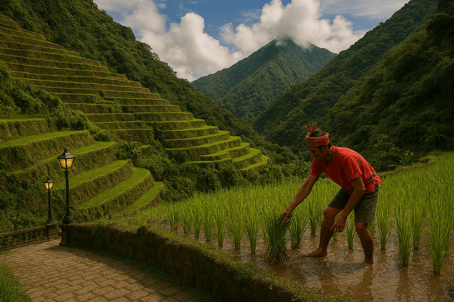전통 복장을 한 이푸가오족 농부가 바나우에 계단식 논에서 벼를 심거나 추수하는 모습. 필리핀여행 중 전통 농업을 체험한다.