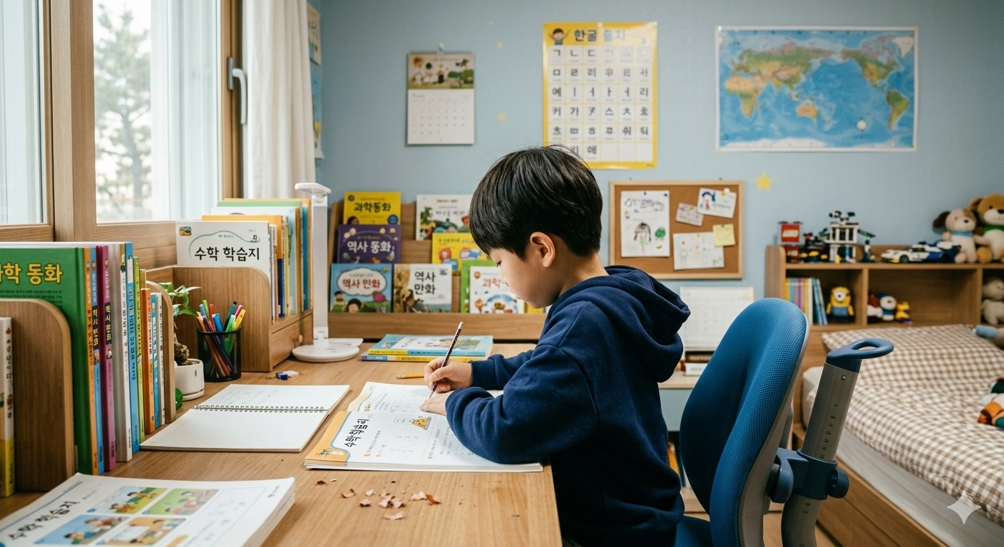햇살이 드는 아늑한 공부방 책상에 앉아 뒷모습을 보이며 학습지에 집중하고 있는 초등학생 남자아이. 책상 위에는 필기구와 스탠드가 놓여 있고 벽에는 세계 지도와 한국어 자모음 포스터가 붙어 있는 이미지.