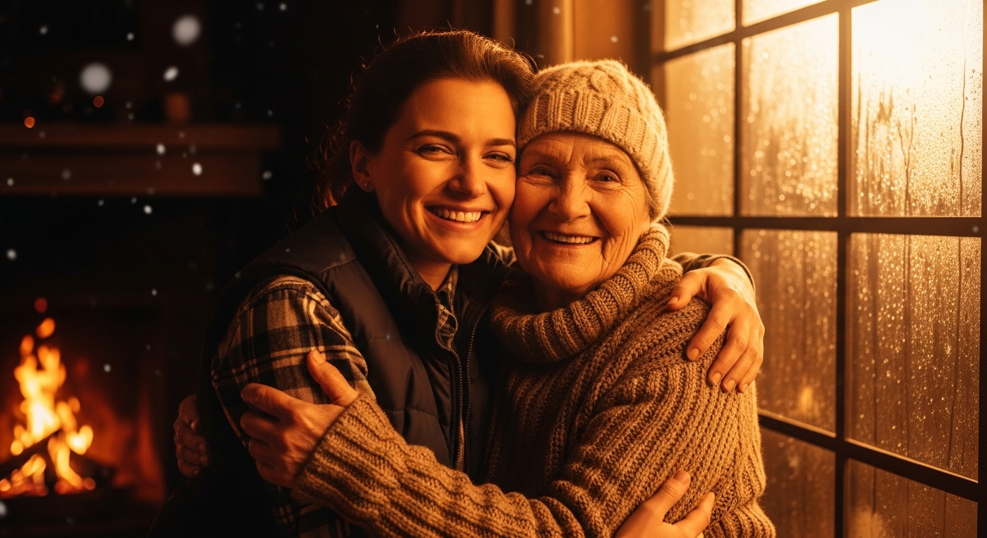 따뜻한 겨울 옷을 입은 두 사람이 서로를 안아주며 온정과 배려를 나누는 따뜻한 모습, 주변은 아늑한 실내 분위기