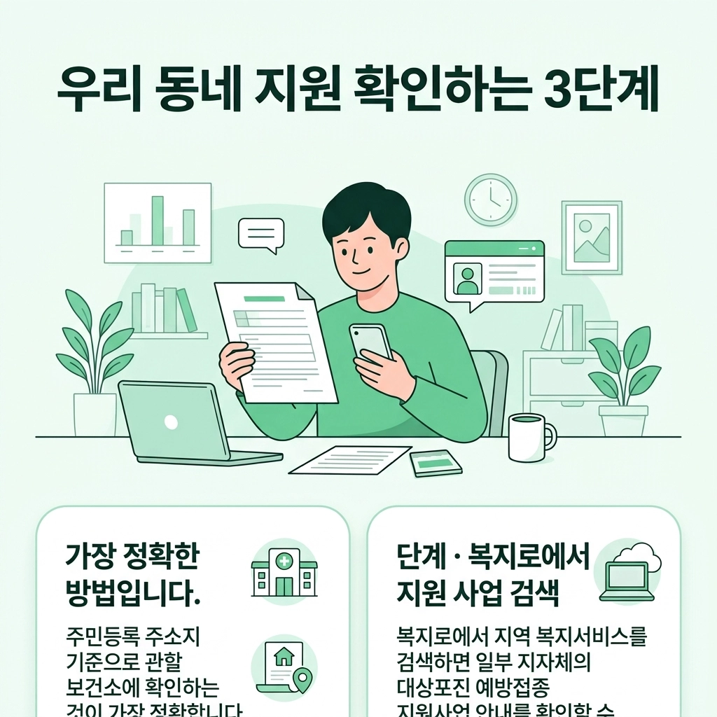 우리 동네 지원 확인하는 3단계 단계 &middot; 주소지 관할 보건소 확인 내용을 담은 한국어 블로그 이미지