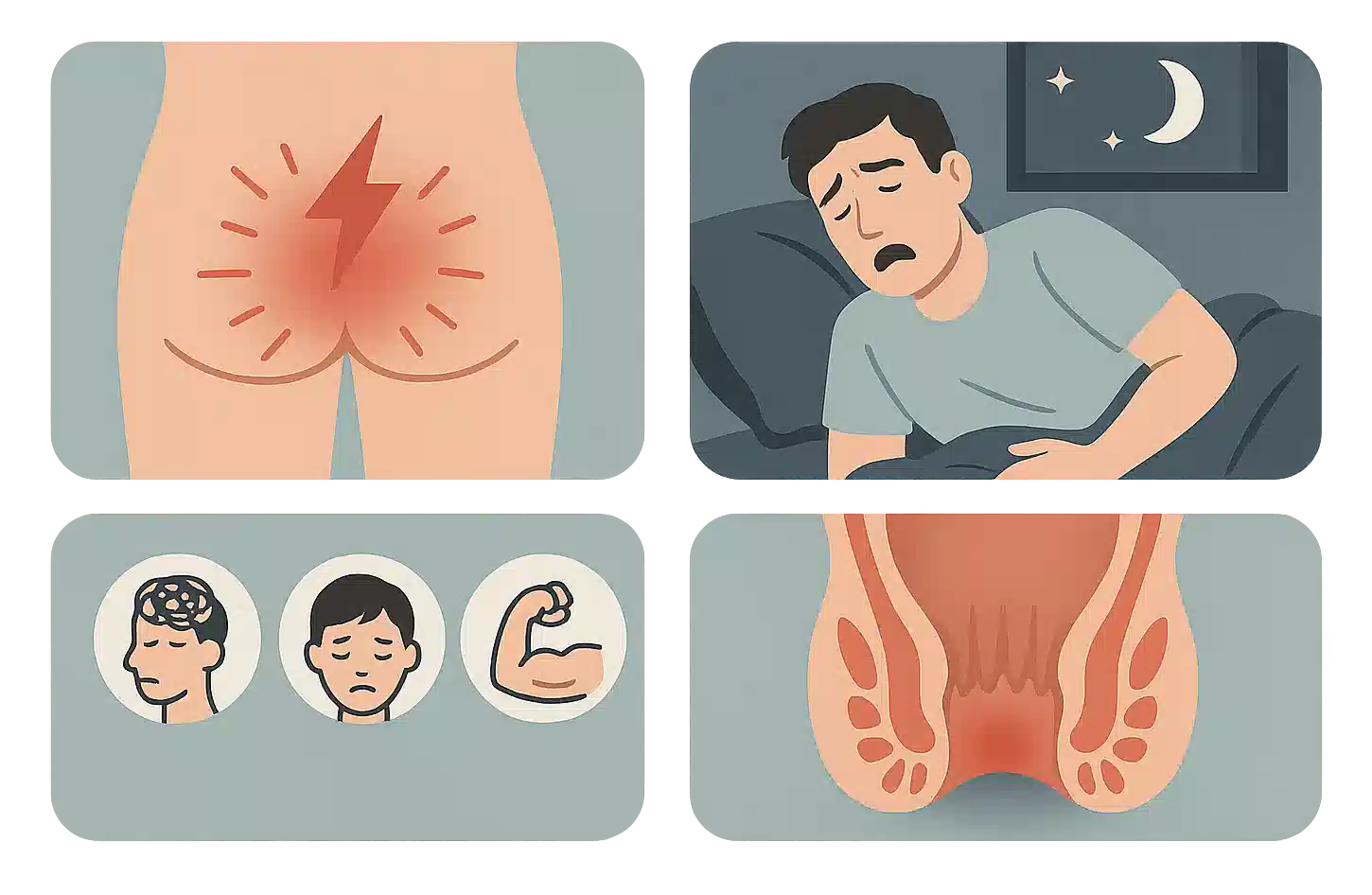 갑작스러운 전기 자극 같은 통증 아이콘, 밤에 잠을 자다 갑자기 고통을 느끼는 장면, 스트레스·피로·근육 긴장 요인 아이콘