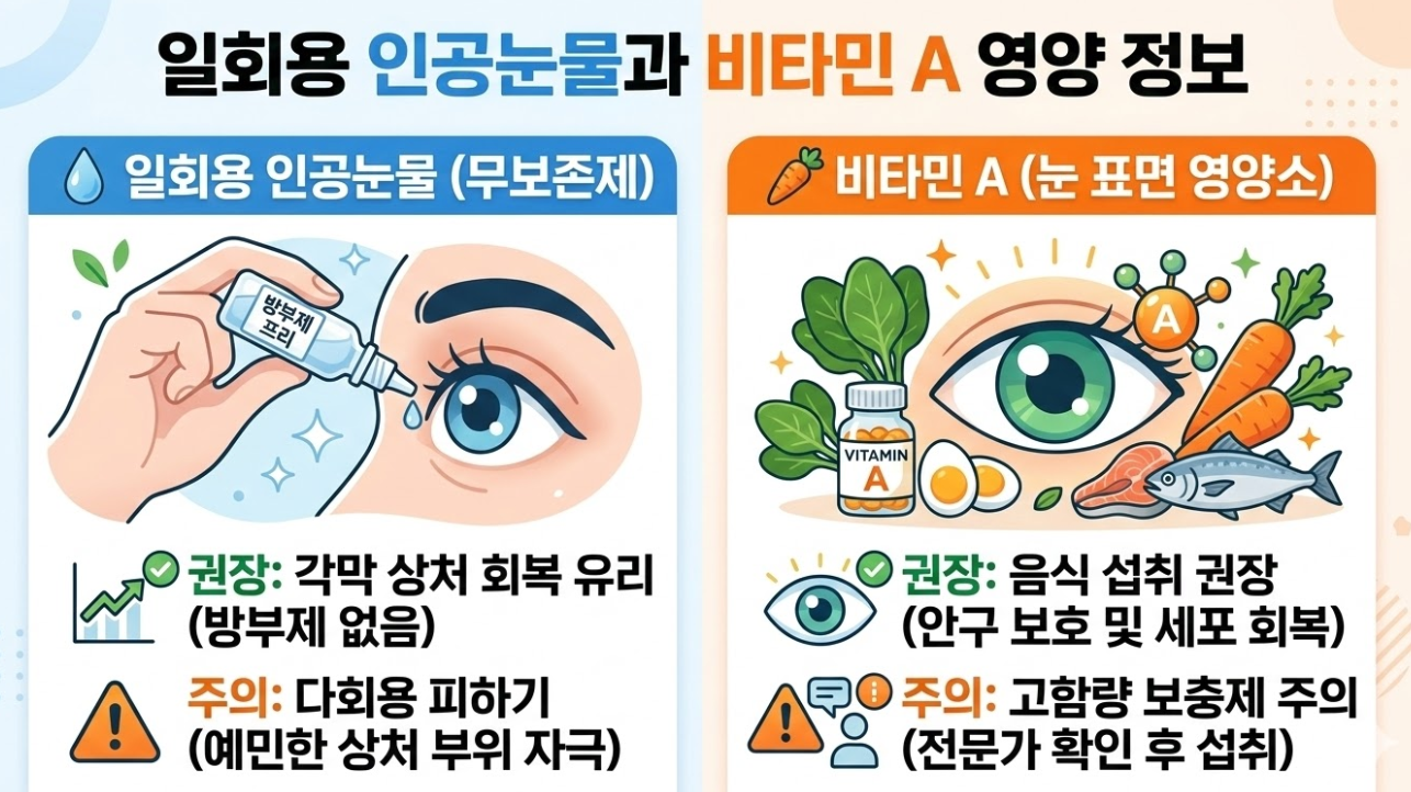 각막 상처 회복을 돕는 무보존제 인공눈물 사용과 비타민 A 영양 관리 안내 인포그래픽