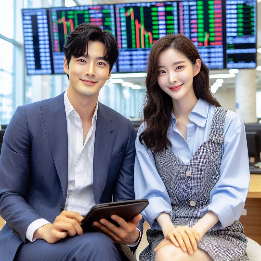 주식 투자 리딩방 사기수법을 홍보하고 있는 증권사 남녀직원사진