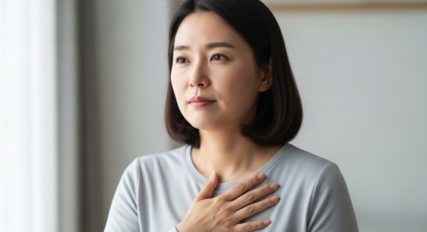 가슴 통증 원인을 구분하려고 생각하는 모습