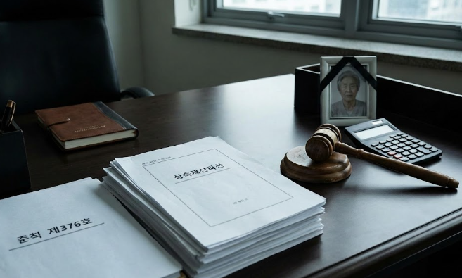 복잡하고 방대한 서류 준비 과정을 보여주며, 전문가(변호사)의 개입으로 질서가 잡히고 있음을 상징하는 이미지입니다. '자료제출목록'이라는 텍스트를 통해 관련성을 높였습니다.