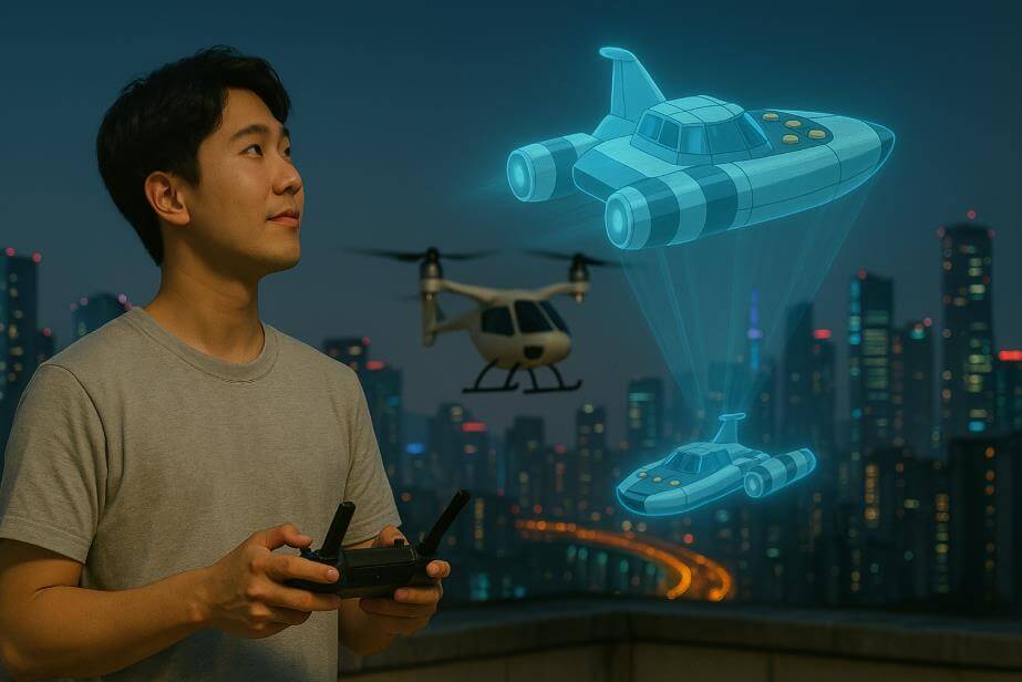 청년이 드론을 날리며 홀로그램 제비호를 바라보는 장면