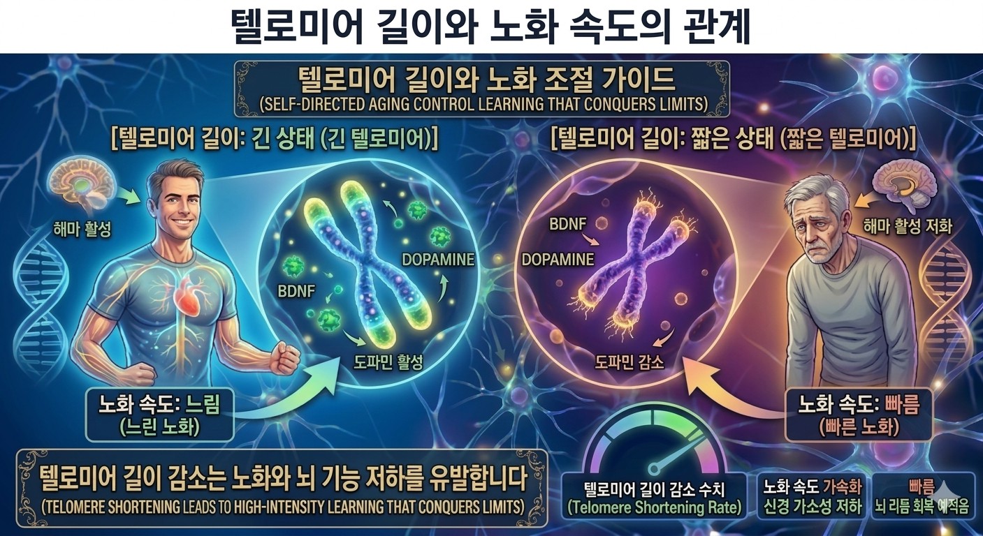 텔로미어길이가 짧을 수록 노화 속도가 빨라짐을 표현한 이미지