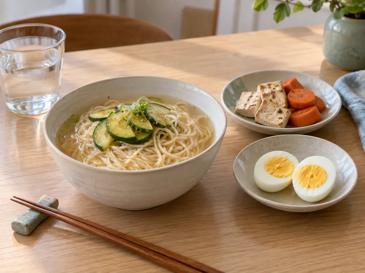 작은 국수 그릇 옆에 완전히 익힌 달걀과 두부, 채소 반찬을 따로 놓은 식탁