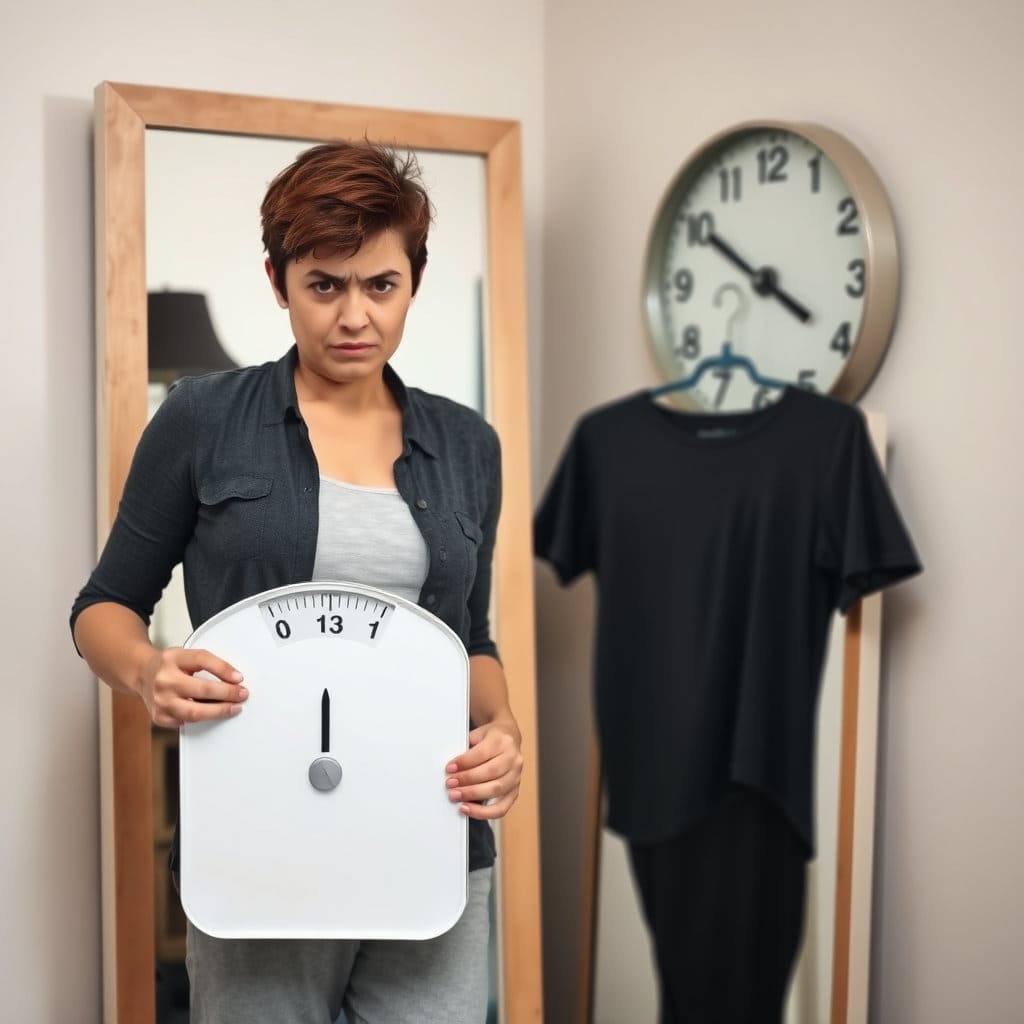 다이어트 성공 후 예전 옷이 다시 작아지거나, 체중계 숫자가 올라가는 것을 보며 실망하거나 당황하는 모습입니다. 체중 변화의 허무함을 표현하며, 배경에 시간의 흐름을 암시하는 요소를 추가