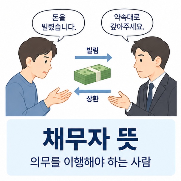 채무자 뜻과 돈을 갚아야 하는 사람, 채권자를 함께 보여주는 법률 교육 이미지