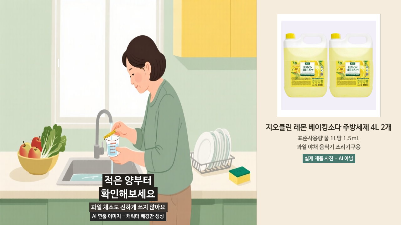 측량 도구로 세제 양을 확인하는 모습을 담은 AI 연출 이미지. 실제 제품 사진은 오른쪽 패널.