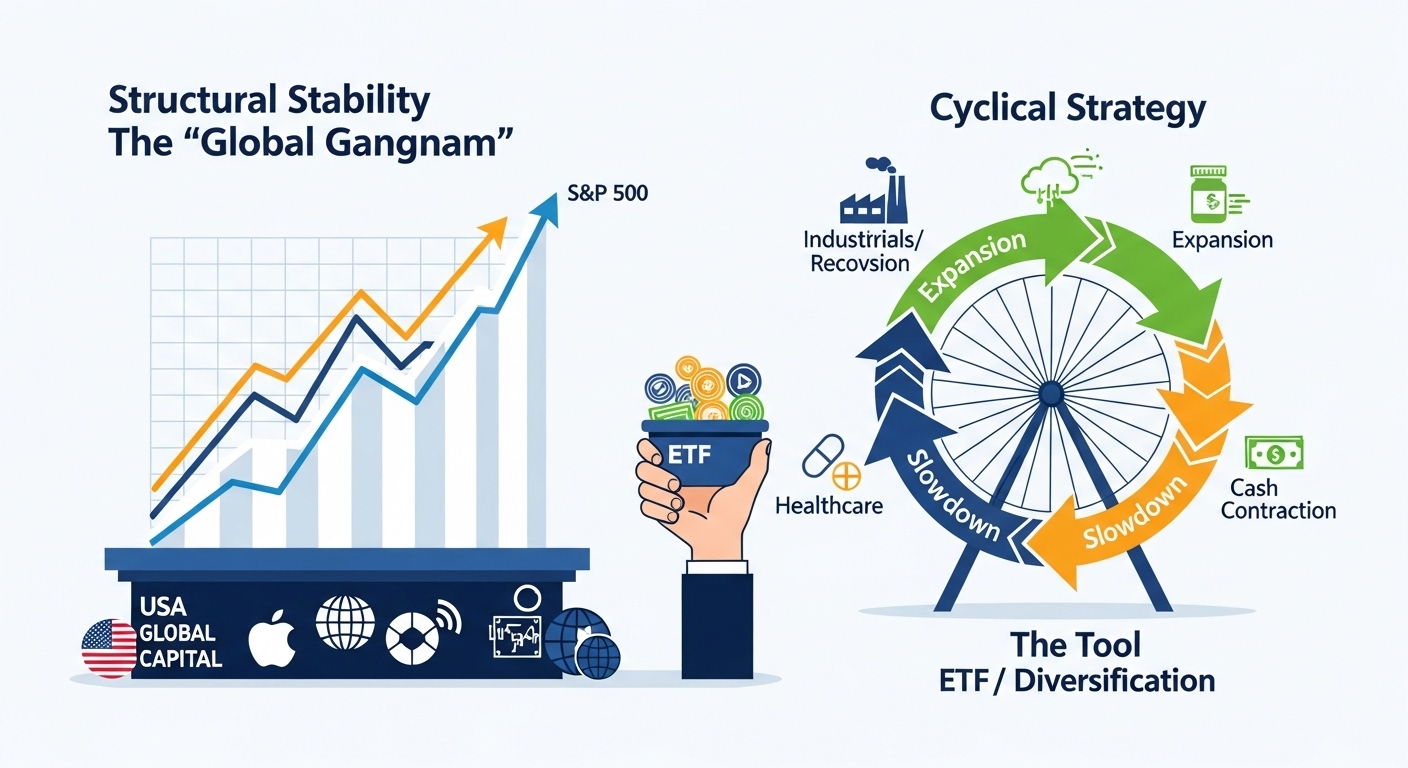 미국S&P500지수의 장기 우상향 구조와 경기 사이클에 따라 기술주, 산업재, 헬스케어 등 섹터를 순환하며 ETF 분산 투자하는 전략 다이어그램