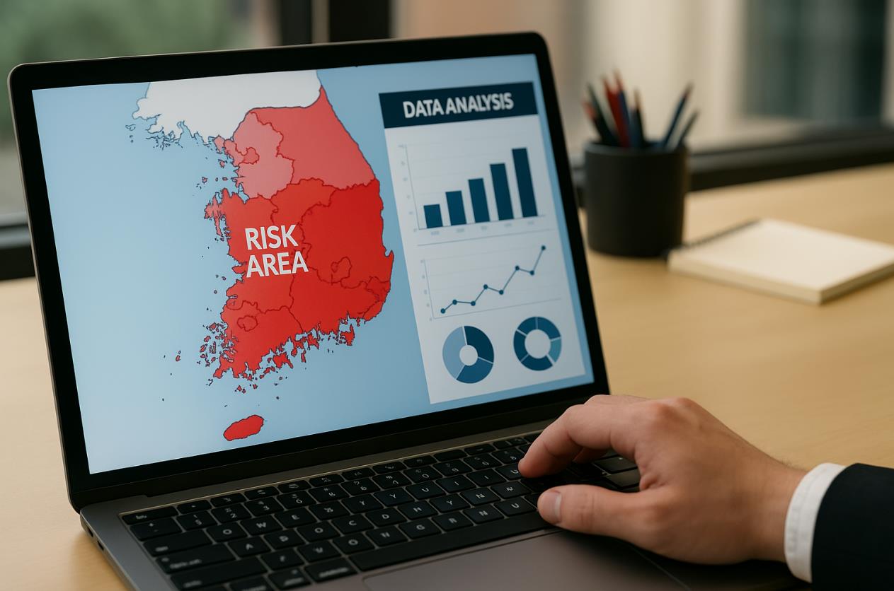 한국 지도 위에 위험 지역이 붉게 표시된 분석 자료와 노트북 그래프 화면