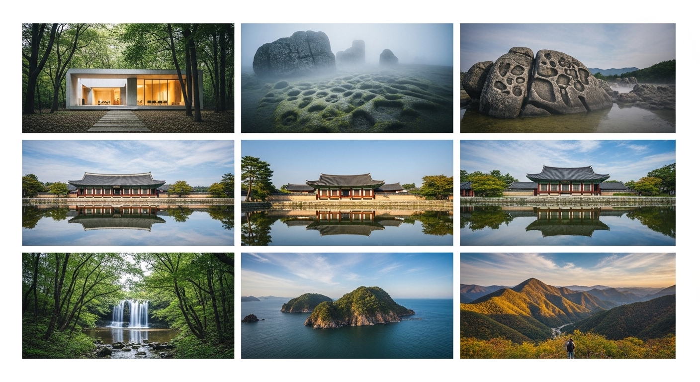 국내의 숨은 인생샷 명소 7곳의 특징(건축, 자연, 고택, 계곡 등)이 잘 드러나는 사진들을 감각적으로 배치한 콜라주 이미지