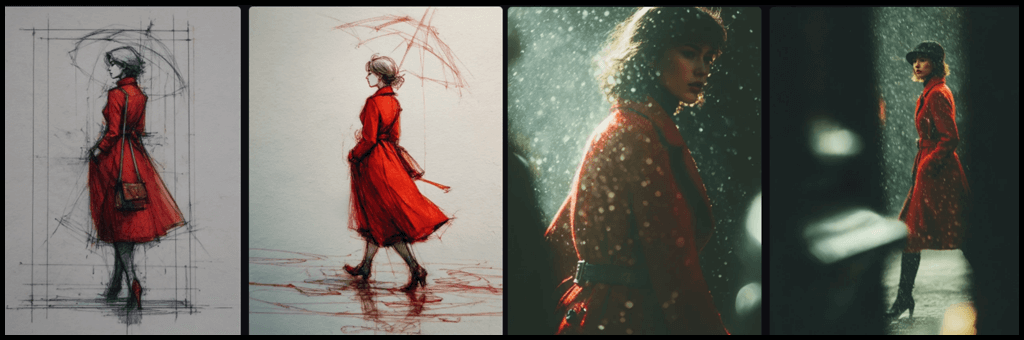 레드 코트를 입고 비 오는 거리를 걷는 감성 룩북 포스터 스타일 이미지