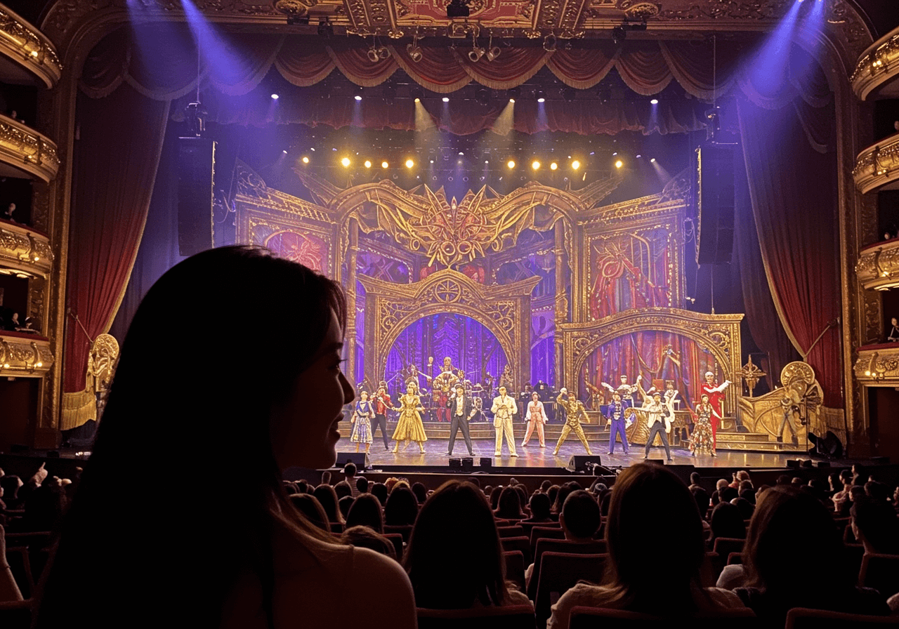 화려한 무대 세트와 조명을 배경으로 뮤지컬 공연을 관람하는 2006년생 한국 청년 여성의 옆모습