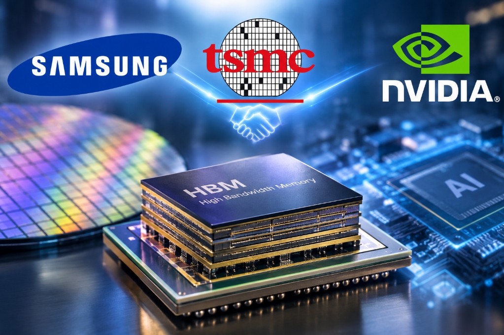 삼성전자와 TSMC, 엔비디아의 협력 가능성을 상징하는 HBM 및 AI 반도체 이미지