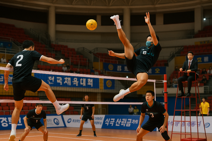 세팍타크로 경기 중 역동적인 스파이크를 날리는 선수들의 모습