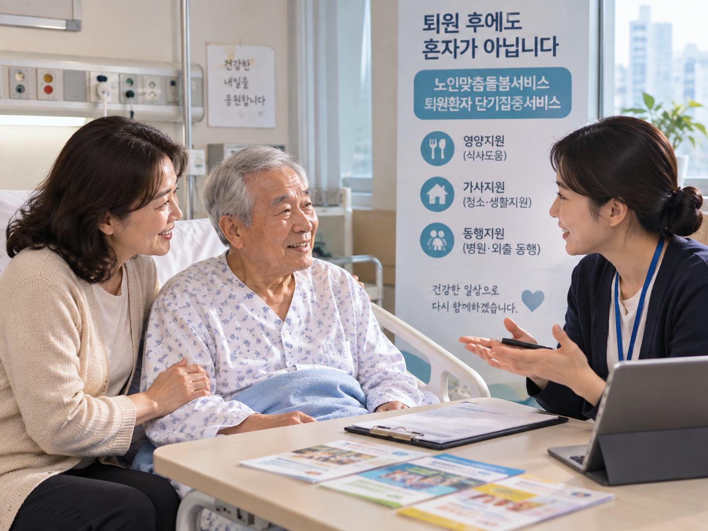 퇴원을 앞둔 어르신과 가족이 병원에서 돌봄서비스를 상담하는 모습