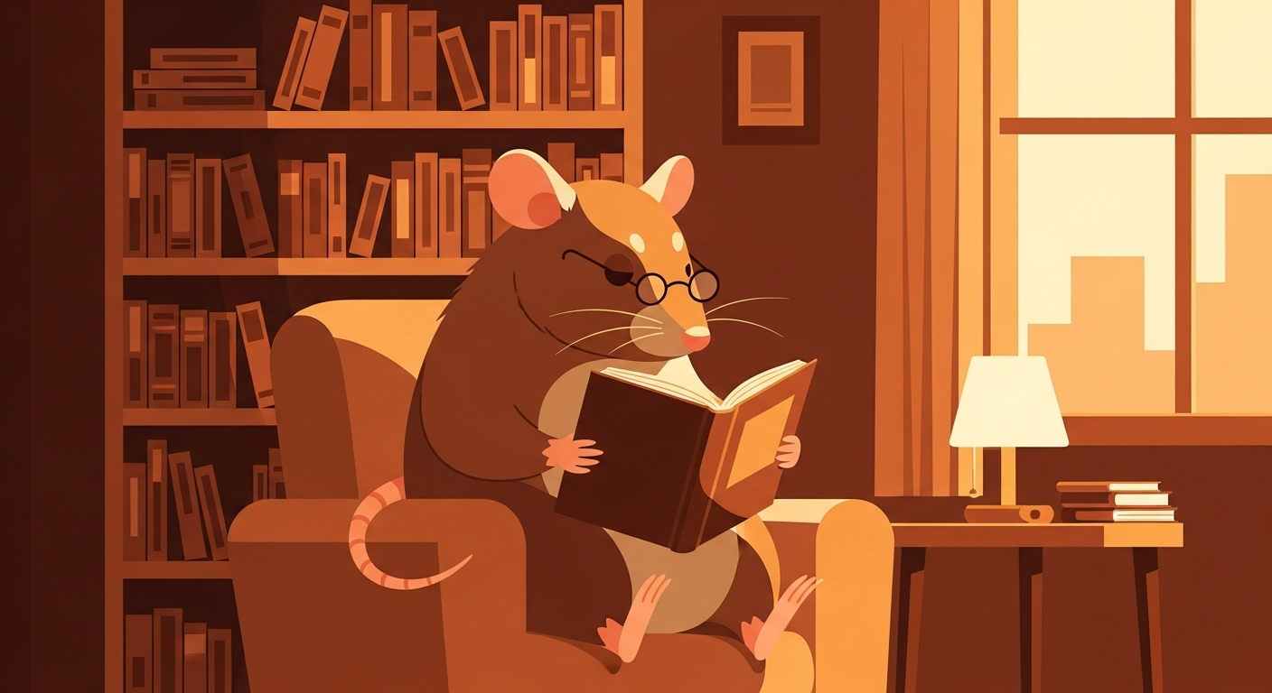 서재에서 책을 읽으며 내실을 다지는 지혜로운 쥐띠 캐릭터 일러스트