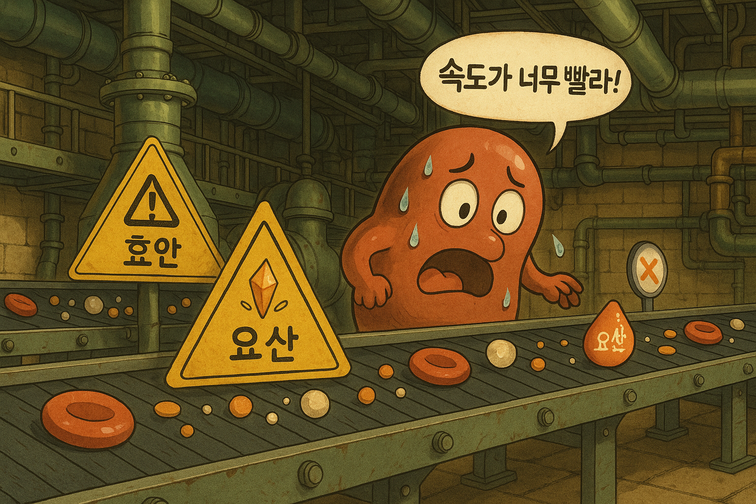 바쁜 공정 속 정신없이 일하는 콩팥 캐릭터 – 체내 정화의 중심