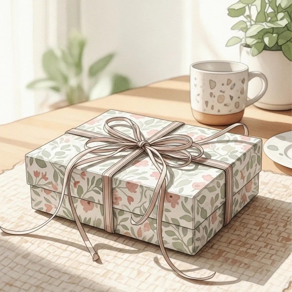 정성스럽게 포장된 선물이 놓인 따뜻한 장면