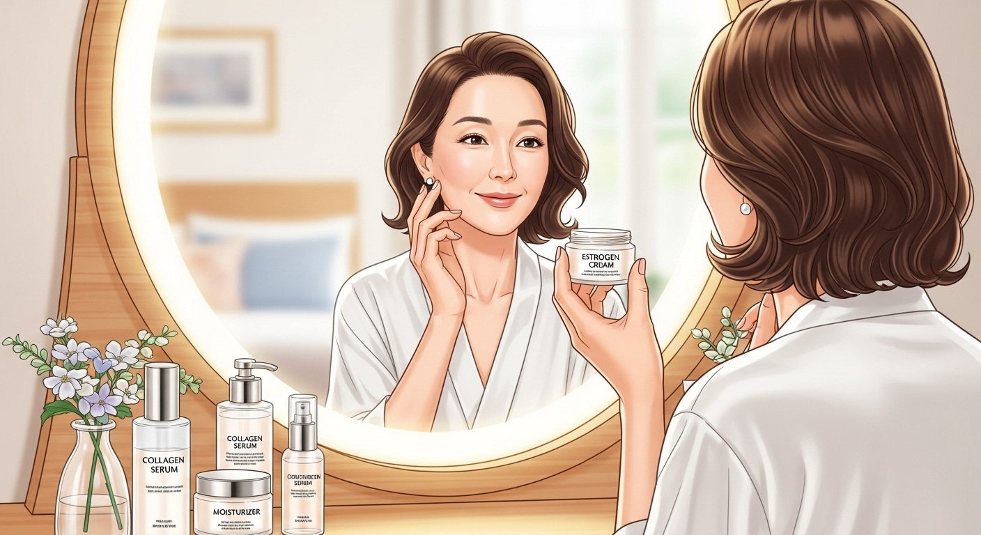 50대 여성이 화장대 앞에서 거울을 보며 다양한 갱년기 전용 스킨케어 제품들