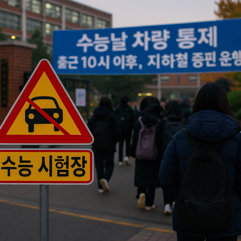 수능날 차량통제와 지하철 증편, 출근시간 조정 등 수험생 교통지원 대책을 시각적으로 표현한 이미지.