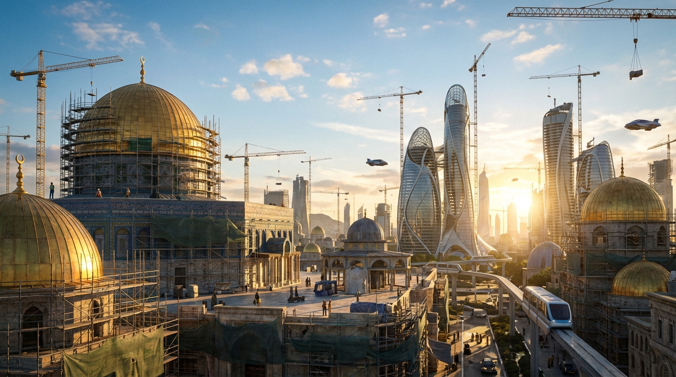 2026년 이란 전쟁 종결 후 재건되는 중동 도시의 희망찬 풍경과 복구 사업 현장