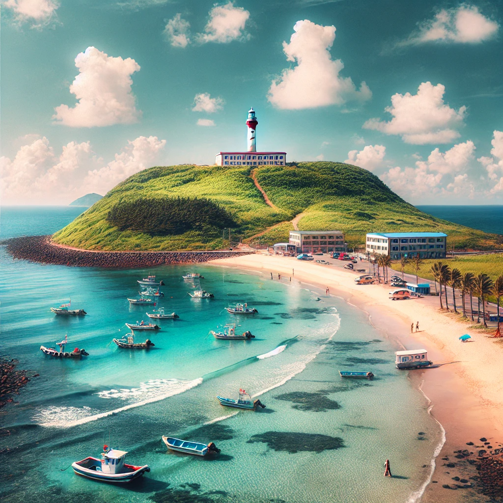 제주도 우도의 아름다운 해안 풍경, 맑은 바다와 등대가 어우러진 장면