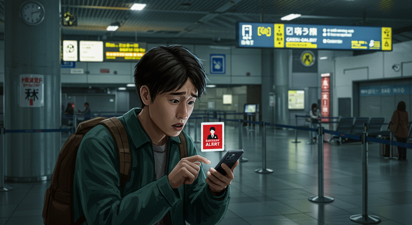 공항에서 지진 경보를 확인하는 여행자의 모습