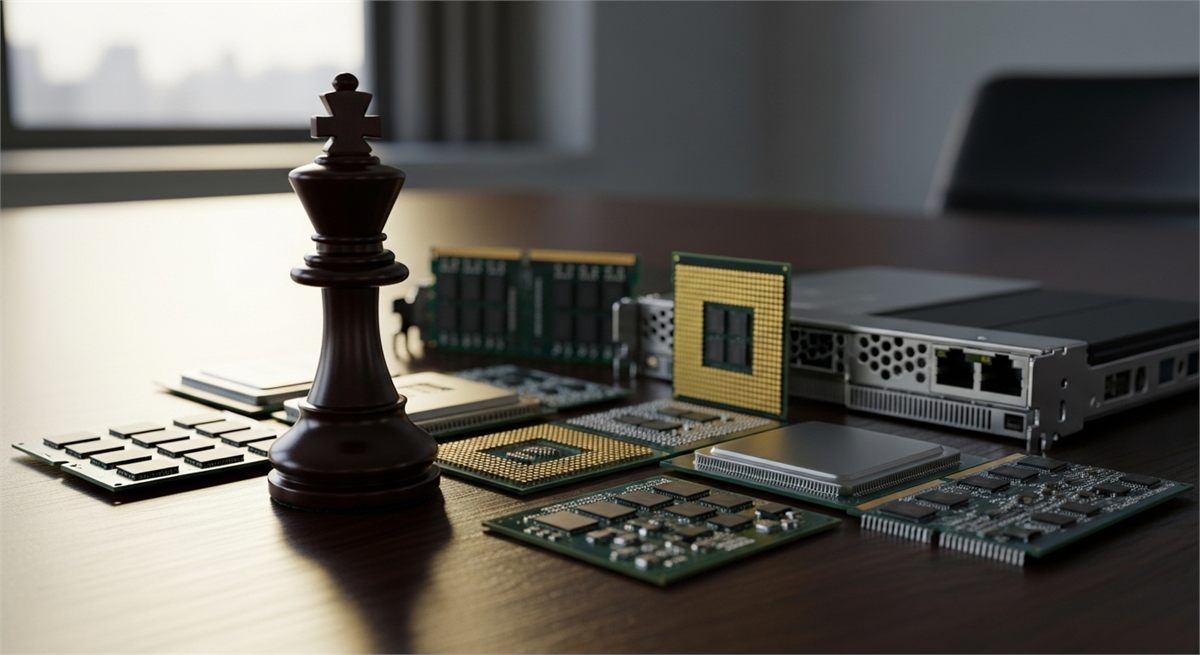 반도체 부품과 체스 말을 함께 배치해 리더십과 리스크를 상징한 장면 
