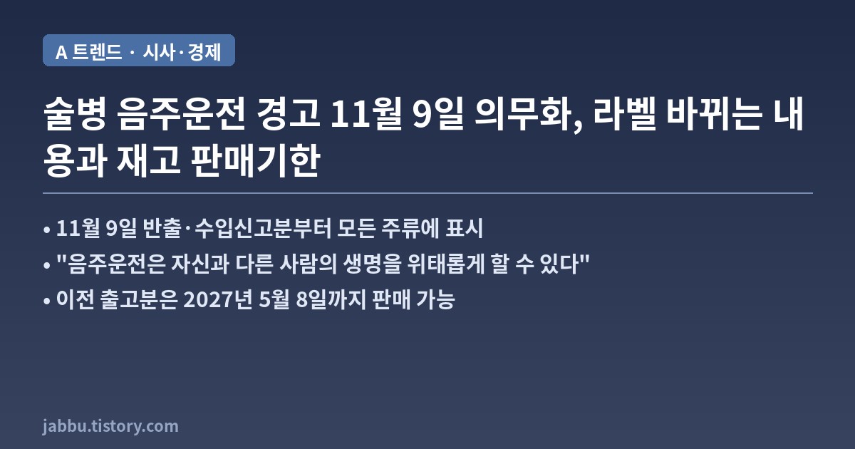 2026년 11월 9일부터 술병에 음주운전 금지 경고 문구와 그림 표시 의무화, 기존 재고 판매기한 요약 카드