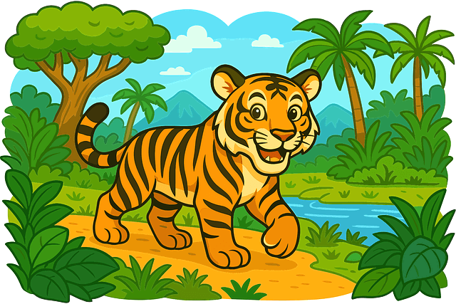 호랑이가 숲 속을 걸어다니고 있다. 나무와 야자수가 있는 숲이다.