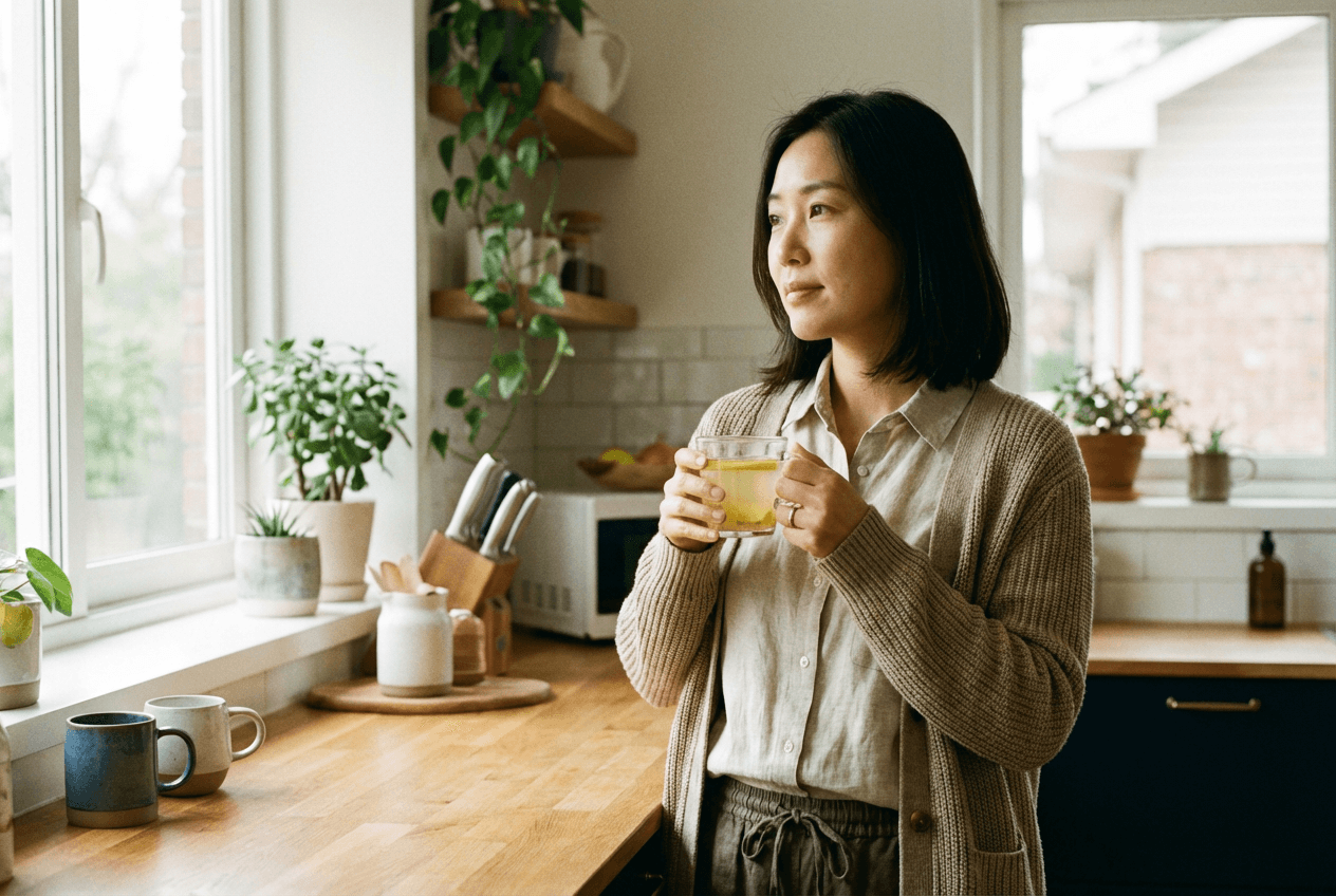 한국인 직장인이 책상 앞에서 레몬 생강 음료를 머그컵에 타서 마시는 장면 설명