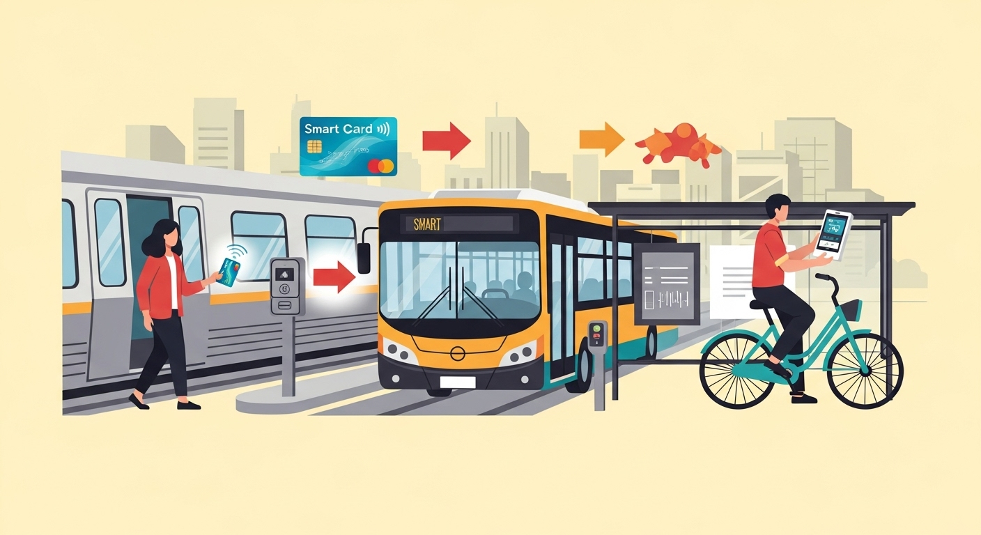 스마트폰으로 공유 자전거를 잠금 해제한 후, 버스와 지하철을 차례로 갈아타는 사람의 모습. 대중교통 환승의 편리함을 보여줍니다.