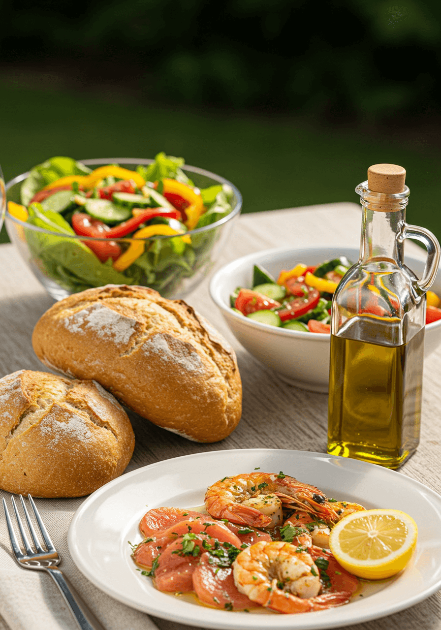 올리브오일이 곁들여진 지중해식 건강 식단, 샐러드와 빵, 해산물 요리가 함께 놓인 식탁