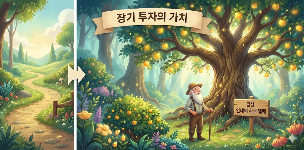 농부가 씨앗을 심고 비바람을 견디며 거대한 나무로 키워내 결실을 맺는 과정과 주식 투자를 대비시킨 인포그래픽