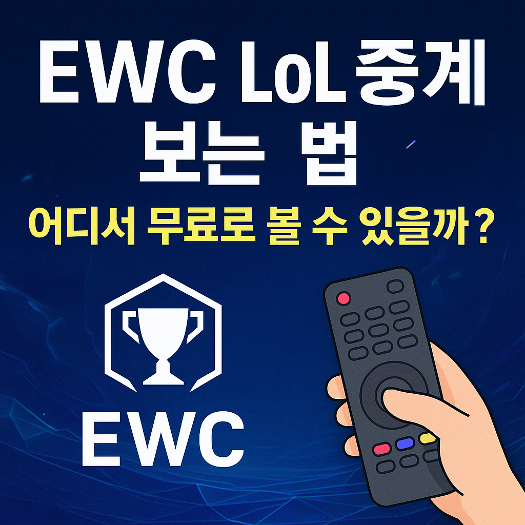 EWC LoL 중계 보는 방법을 안내하는 한국어 인포그래픽 썸네일 이미지. E스포츠 무대와 LoL 챔피언 캐릭터의 실루엣이 배경에 포함되어 있으며, "EWC LoL 어디서 중계 보지?"라는 텍스트가 강조된 디자인.