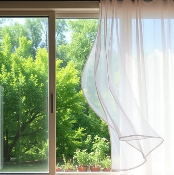 에어컨 없는 시원함을 위해 창문을 활짝 열고 환기를 시키는 모습입니다.