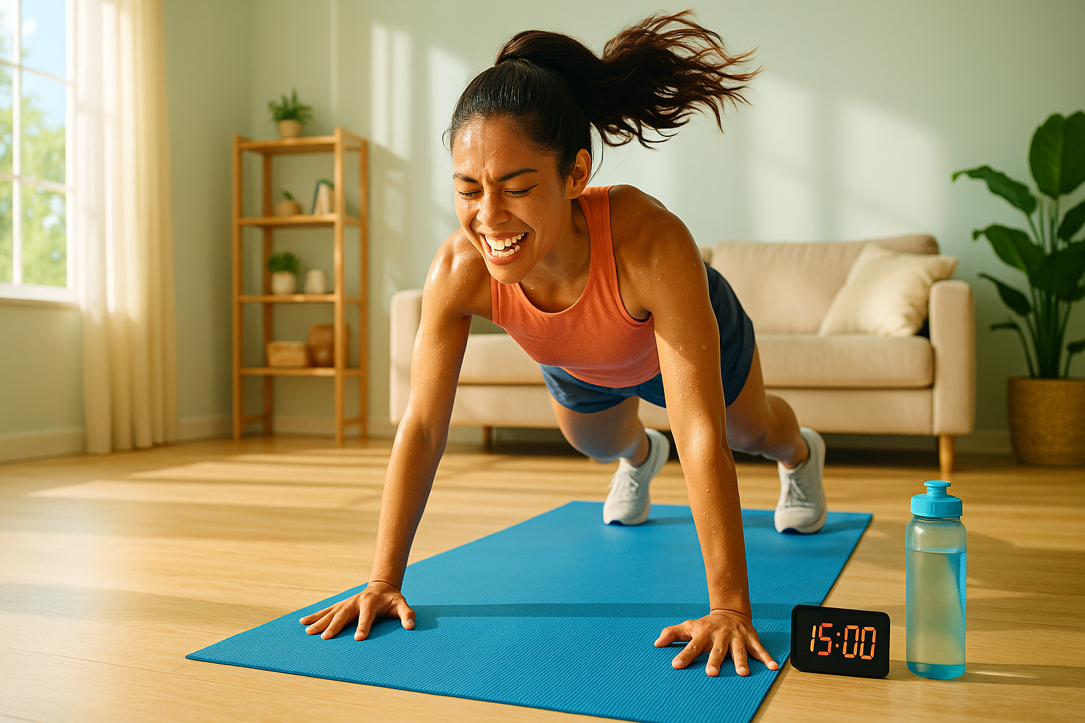 활기찬 20대 여성이 밝은 거실에서 15분 홈트레이닝을 하고 있는 모습