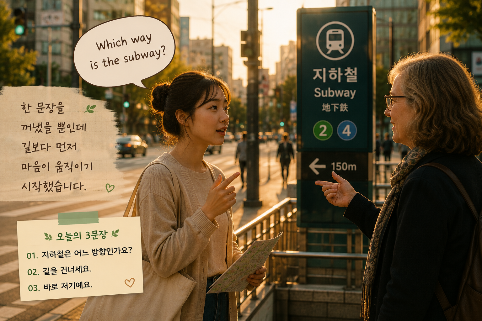 따뜻한 도시 거리 풍경 속에서 영어로 길을 묻는 초보 학습자의 순간을 담은 감성 영어 이미지. 횡단보도와 지하철 표지판, 부드러운 노을빛이 어우러져 있으며, 영어 회화를 실생활에서 처음 꺼내보는 긴장과 용기를 표현한 《진짜 영어로만 말한다》 Day 10 중간 삽입 이미지.