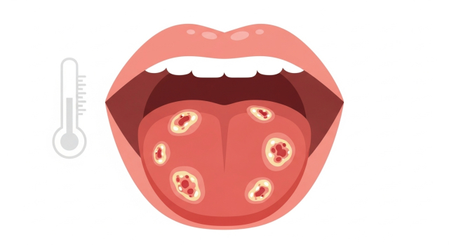 열과 구내염으로 힘들어하는 헤르페스성 치은구내염 콘셉트 이미지