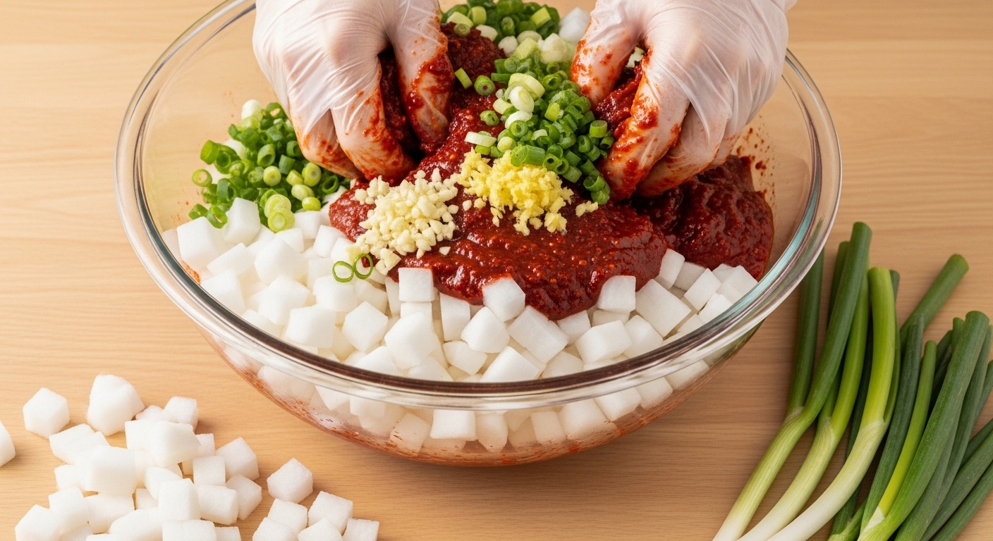 김치 맛을 결정하는 다채로운 속 재료들이 큰 볼에서 맛있게 버무려지고 있는 모습.