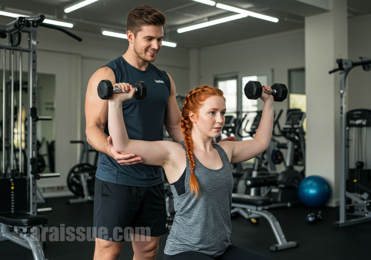 퍼스널 트레이너가 초보자에게 어깨 운동 중 실전 팁을 제공하며 올바른 자세를 지도하는 장면.