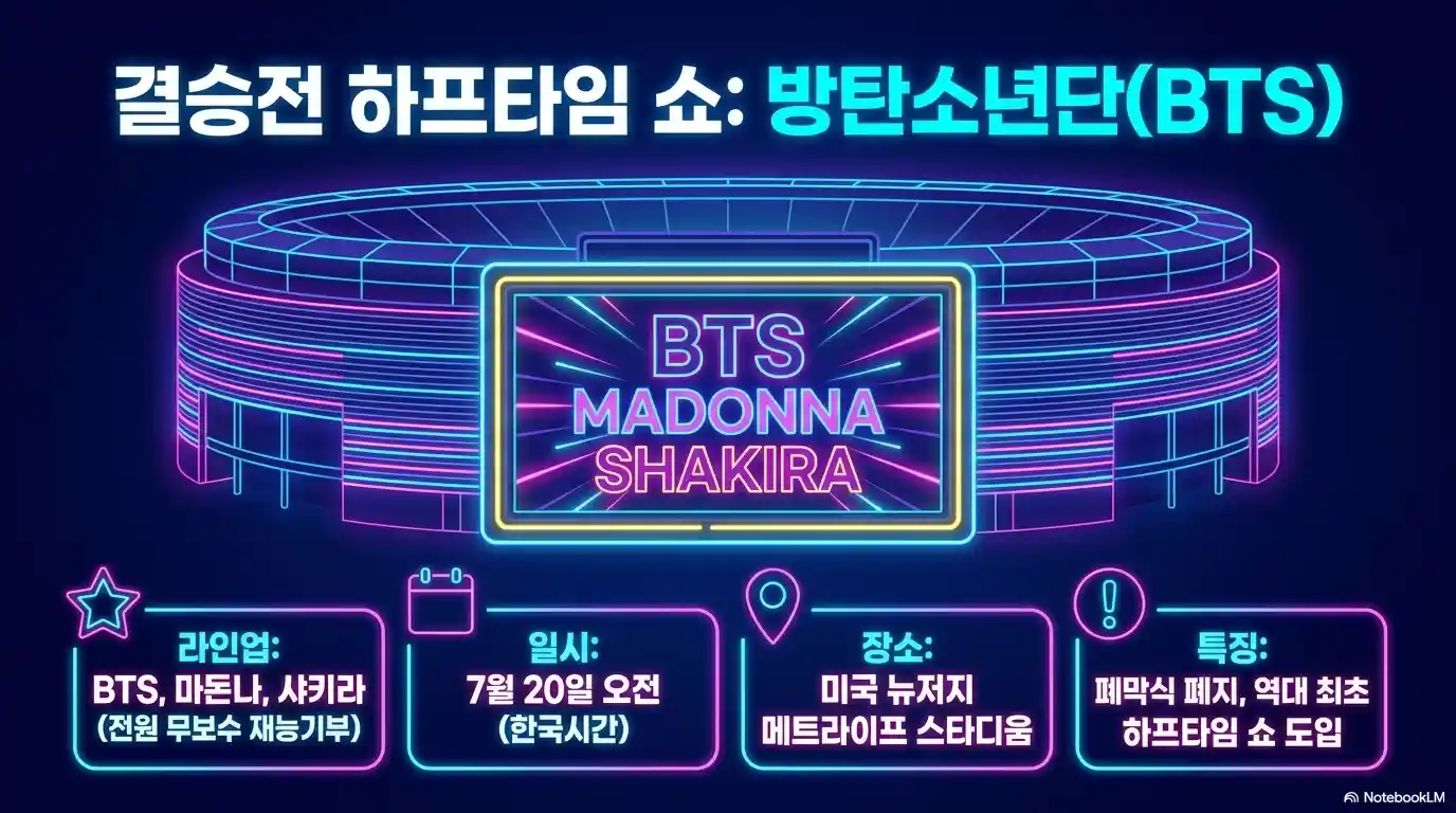 2026 북중미 월드컵 결승전 하프타임 쇼 라인업 - BTS·마돈나·샤키라(전원 무보수 재능기부), 7월 20일 오전(한국시간), 미국 뉴저지 메트라이프 스타디움, 역대 최초 하프타임 쇼 도입